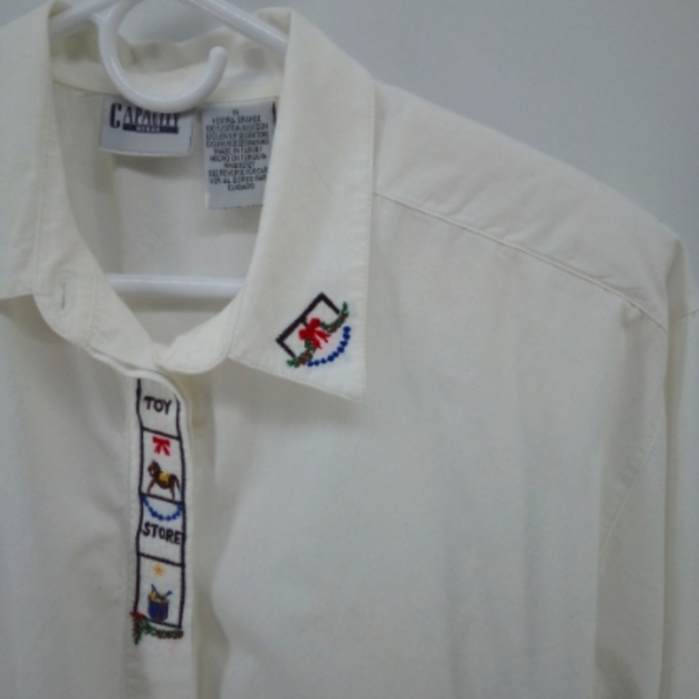 Vintage Christmas Toy Store 100% Cotton 1X White Button Down Shirt Embroidered